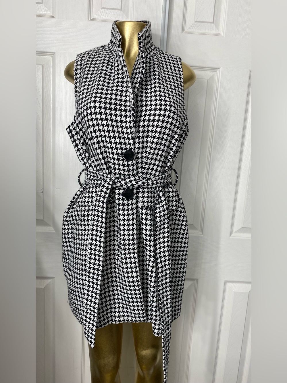 Chocolate Black & White Houndstooth Belted Mini Dress